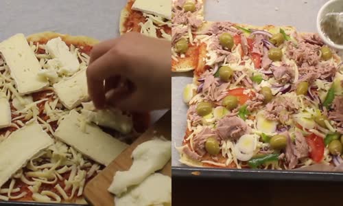 Bazlamadan Pizza Tarifi 4 çeşit Peynirli ve Ton Balıklı Sebzeli Karışık Pizza